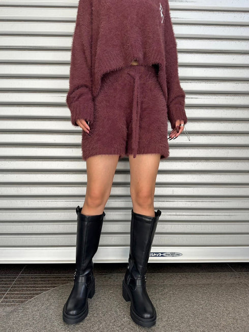 ロゴ刺繍シャギーニットショートパンツ